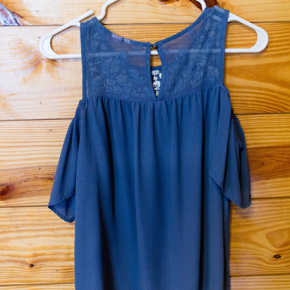 Blue Cold Shoulder Blouse - Picture 3 of 4